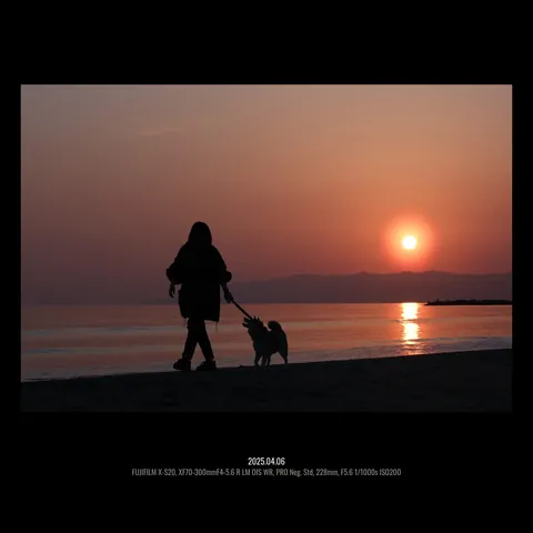 A sunset walk on the beach, in a black square frame